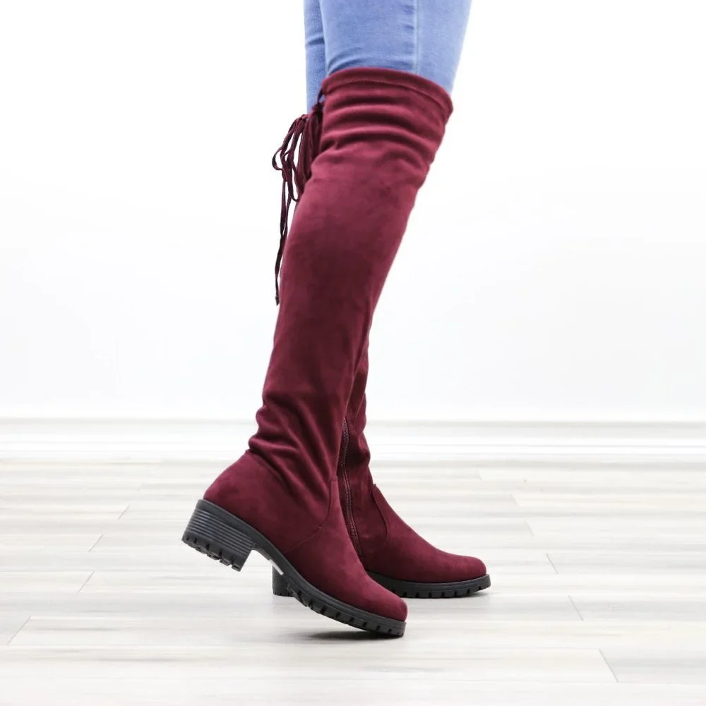 Wine Lug Sole Thigh High Boots Back Lace Tie - Picture 5 of 14